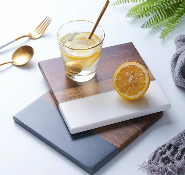 China Factory Price Square Wood and White/Black Marble Coaster Marble Tray Marble Crafts for Home/Cafe/Hotel